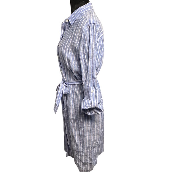 Ann Taylor Linen Striped Shirt Dress Medium Blue White Belted Coastal Preppy - Picture 5 of 11